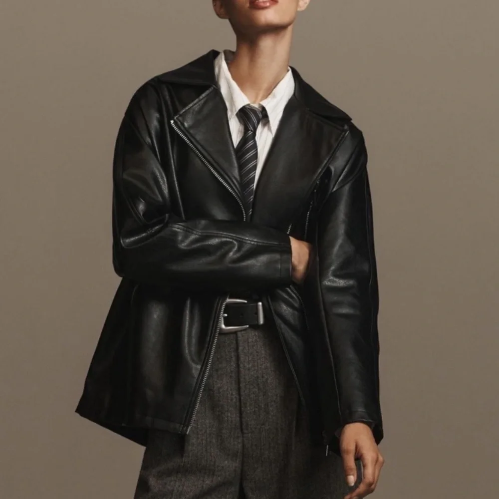 ANTHROPOLOGIE MAEVE Faux Leather Long Jacket‎ in Black Oversized XXS
